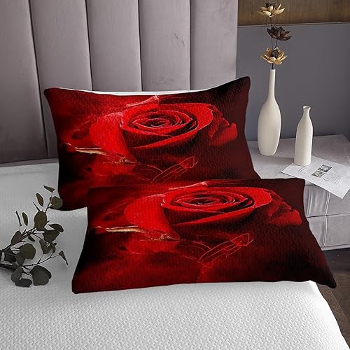 Miniatura 9 de Juego de edredón floral de rosas rojas, tamaño Queen, juego de colcha de flores impresas en 3D, juego de colcha botánica para el día de San