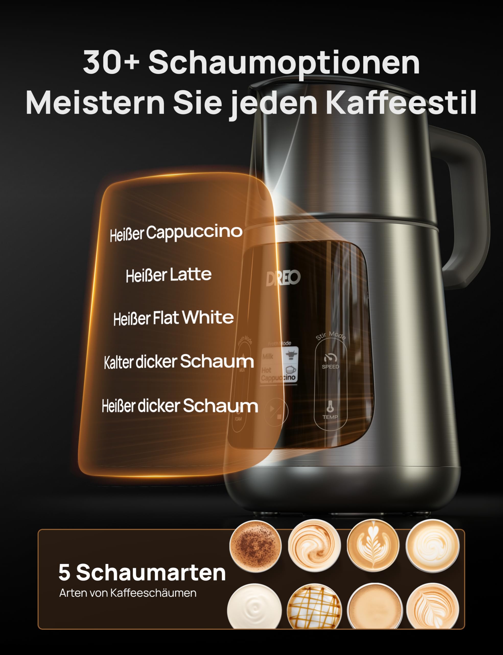 DREO 8-in-1 elektrische melkopschuimer en -verwarmer voor latte art