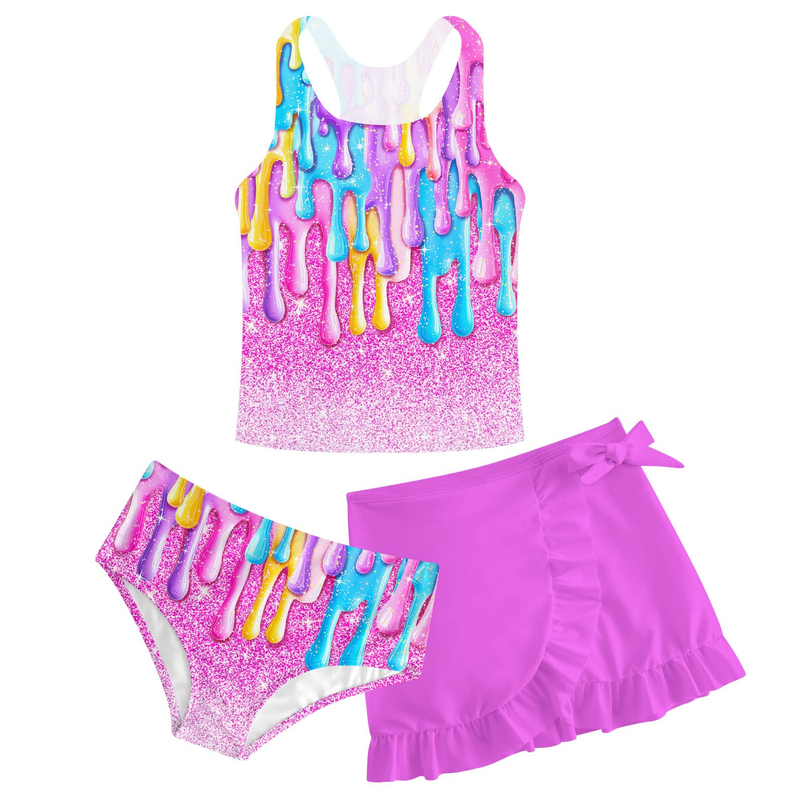 Girls Swimsuit 3 Piece Bathing Suit Quick Dry Tankini Set with Cover Up Beach Skirt Tankini Swimwear 5-16 Years