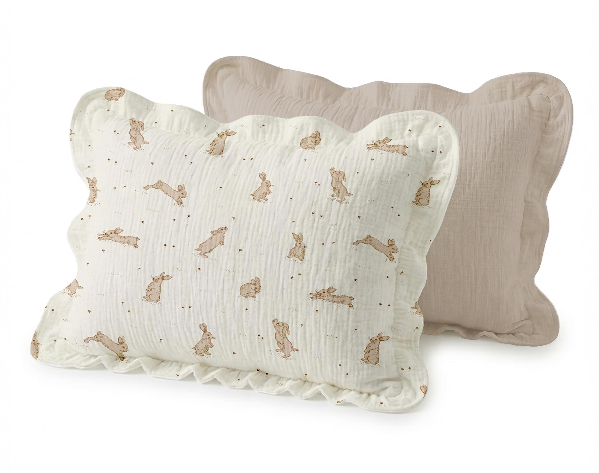 Wimist Toddler Pillowcases for 13"x18" Pillow 2 Pack, Muslin Small Toddler Baby Kids Travel Pillow Covers for Boys Girls with Envelope Closure (Hopping Bunnies & Beige-Ruffled, 13 x 18 Inch)