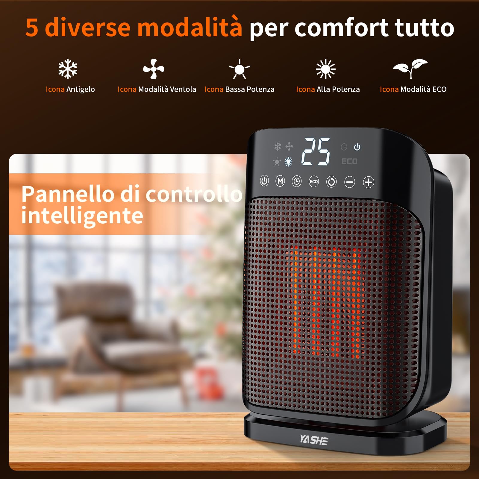 YASHE Termoventilatore in Ceramica 1800W, Riscaldatore Elettrico a Risparmio con Termostato, Telecomando, 3 Modalità, Oscillazione 75°, Timer 24 Ore, Protezione contro Surriscaldamento e Ribaltamento