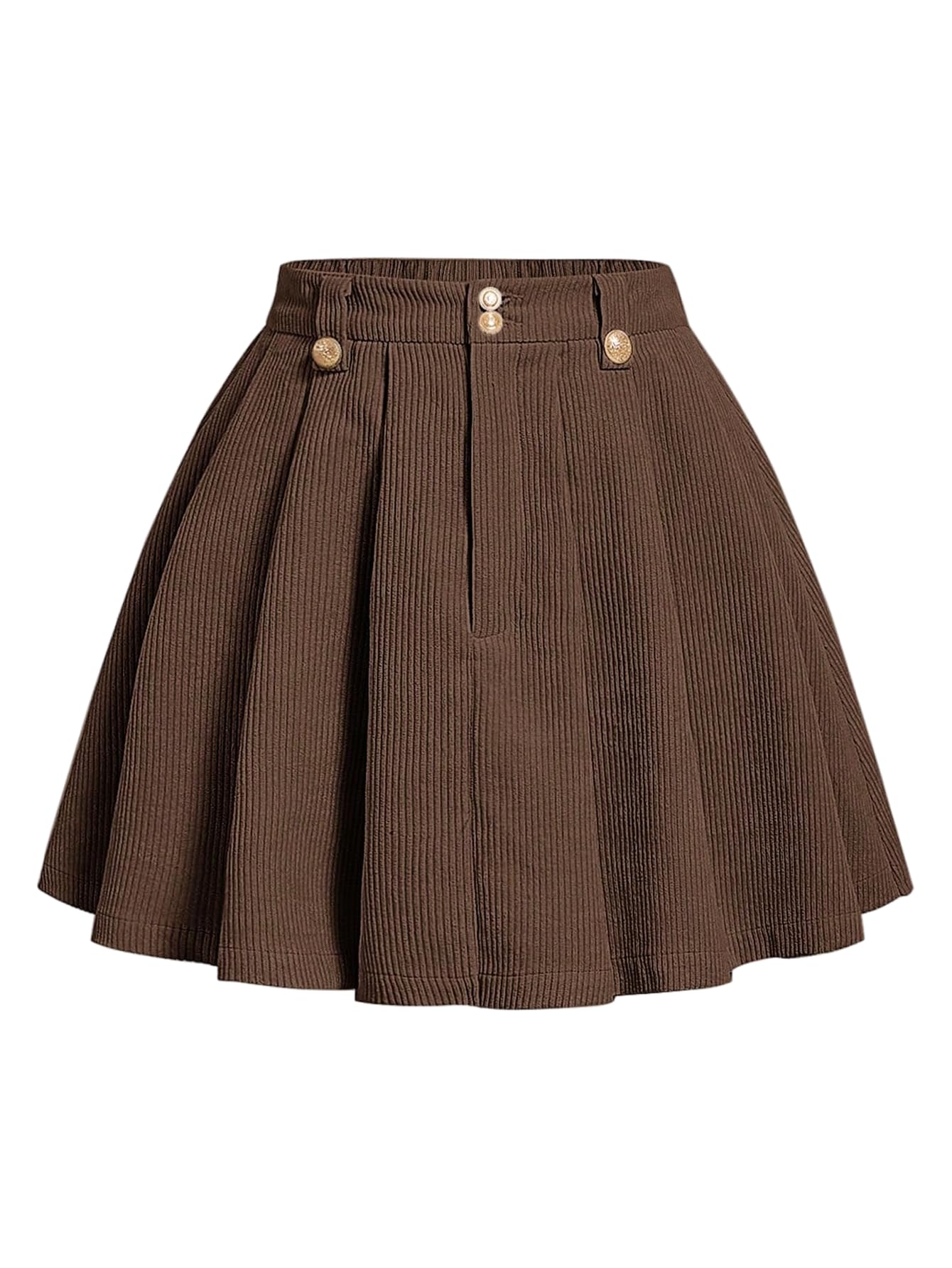 MakeMeChic Womens Corduroy High Waist Skirt Metal Button Pleated A Line Flare Skater Short Skirts