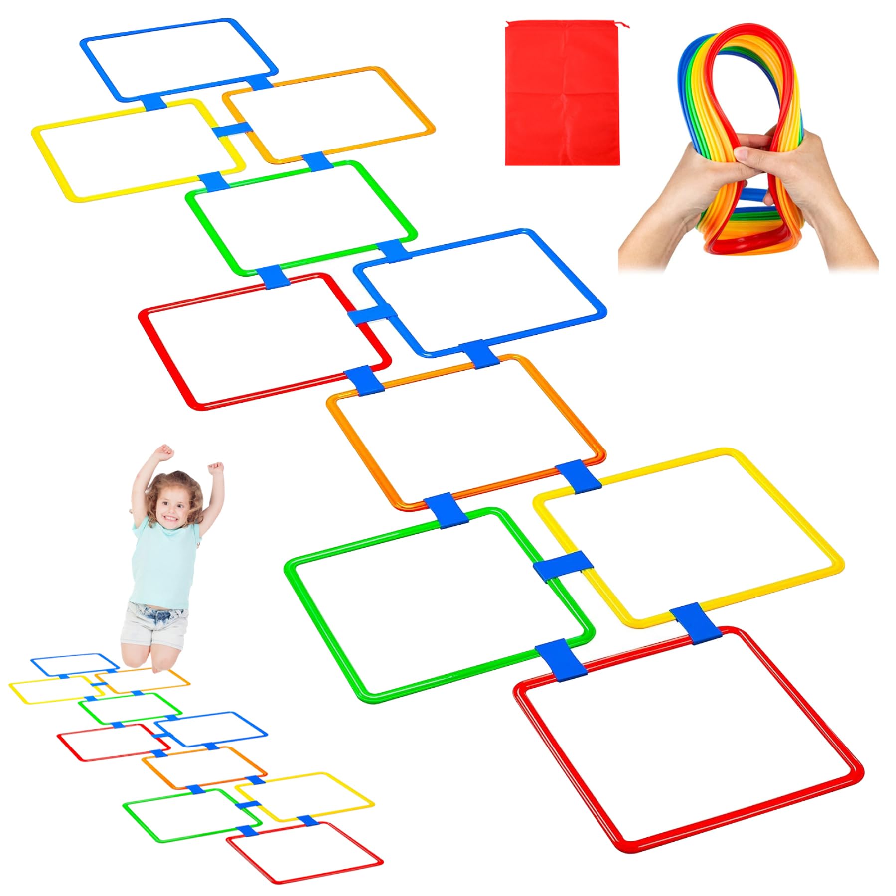 Jorzer Jeu de marelle, 10 Anneaux carrés de 15 Pouces, Anneaux d'agilité Multicolores, Parcours d'obstacles Amusant, équipement Jeu 'extérieur pour Enfants, Jouets