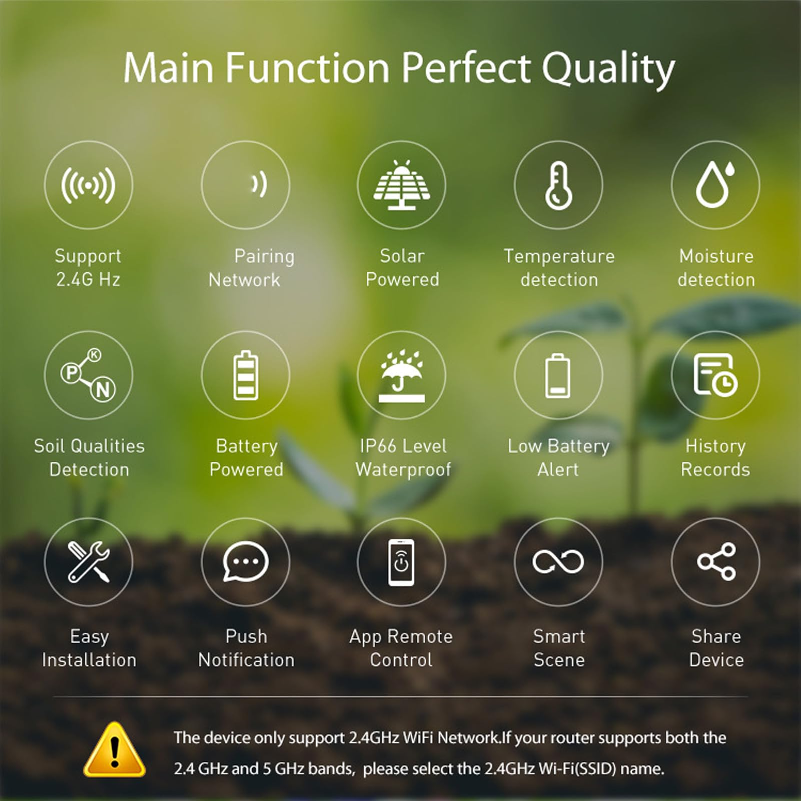 Buachois Sensor de Suelo Solar, Medición de Humedad Temperatura y Conductividad con WiFi y Bluetooth, Material ABS para Jardín Huerto Interior Exterior