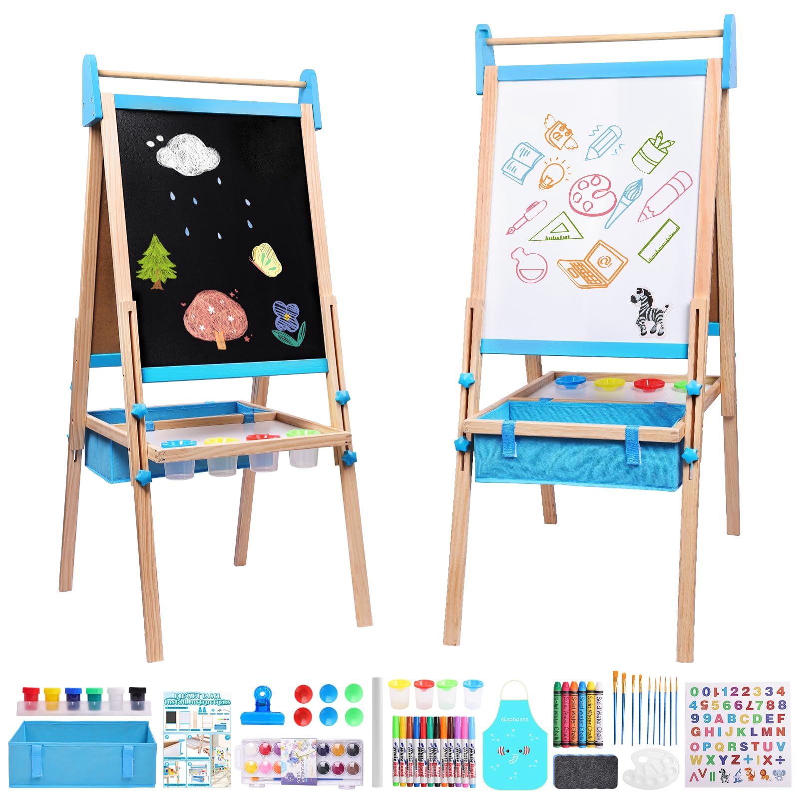 Lavagna per Bambini con Cavalletto Regolabile in Altezza 115-134cm, 3 in 1 Lavagna Magnetica e Bianca in Legno Massello con Rotolo di Carta e Kit 13 Accessori Lifting Drawing Board Bracket
