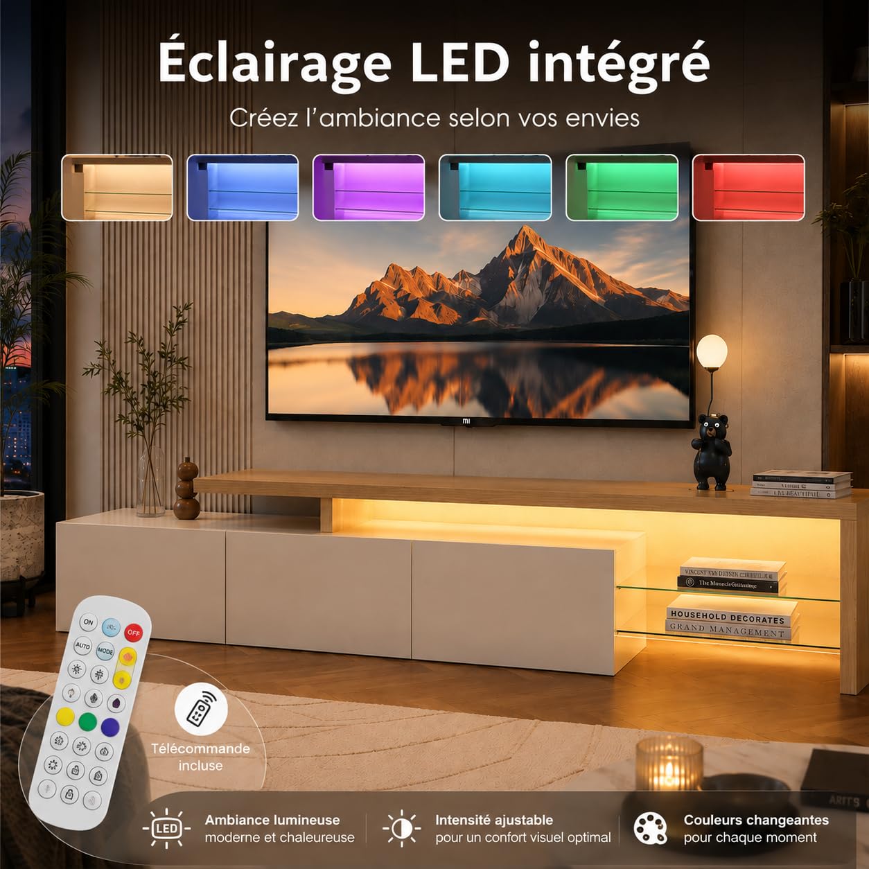 Mueble de TV moderno con luces LED variables, mueble de TV con 3 puertas y estantes de cristal, marco de madera, mesa de TV para salón (blanco, 200 x 39 x 42)