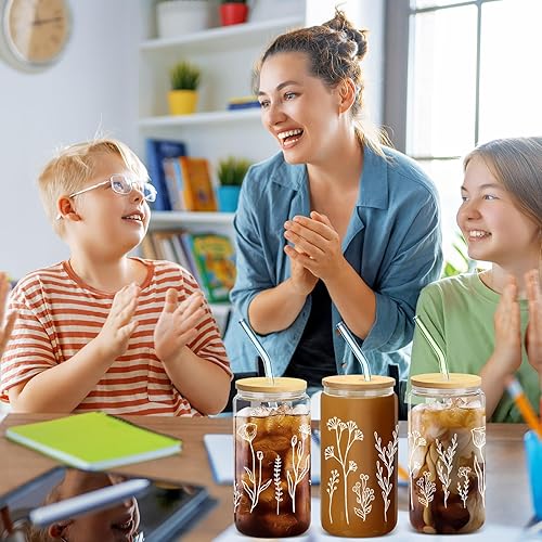 Miniatura 6 de Zubebe 8 vasos de cerveza con diseño de flores silvestres con tapas y vasos florales de pajita, taza de café helado bohemia, lindo vaso de café