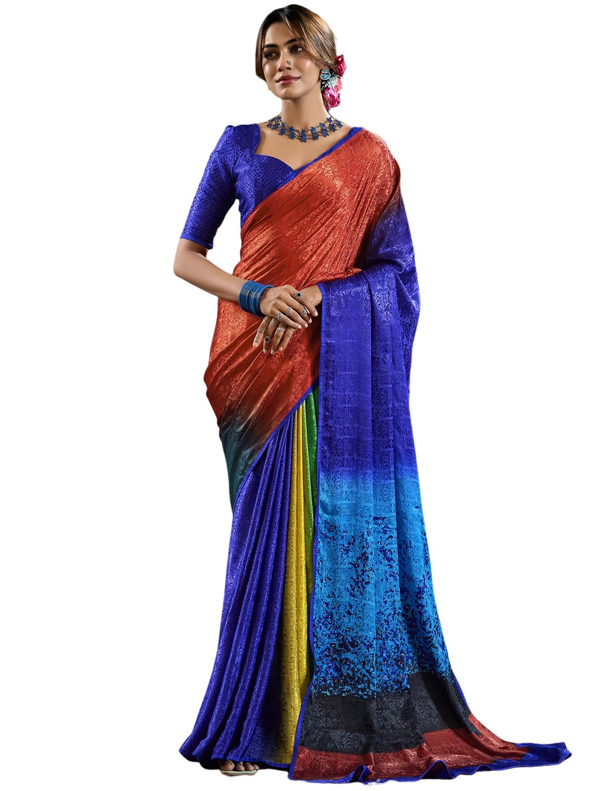 Satrani Women's Silk Crepe Weaving Printed & Stone Work Saree With Unstitched Blouse Piece (4180S116N_Blue & Multi)