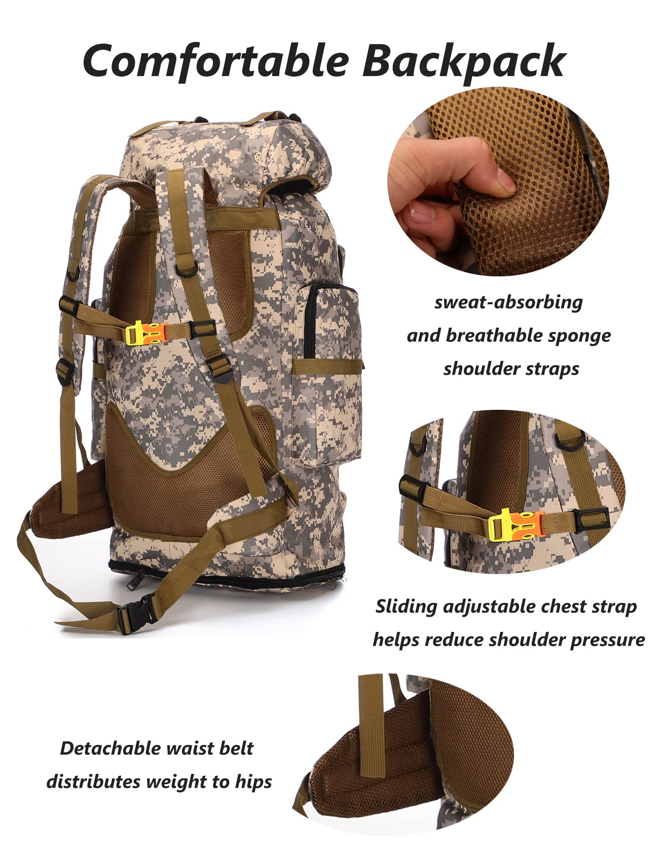 Mochila impermeable que acampa que camina 70L/100L Molle mochila grande Daypack para viajar, camuflado (City Camo), Deporte 5