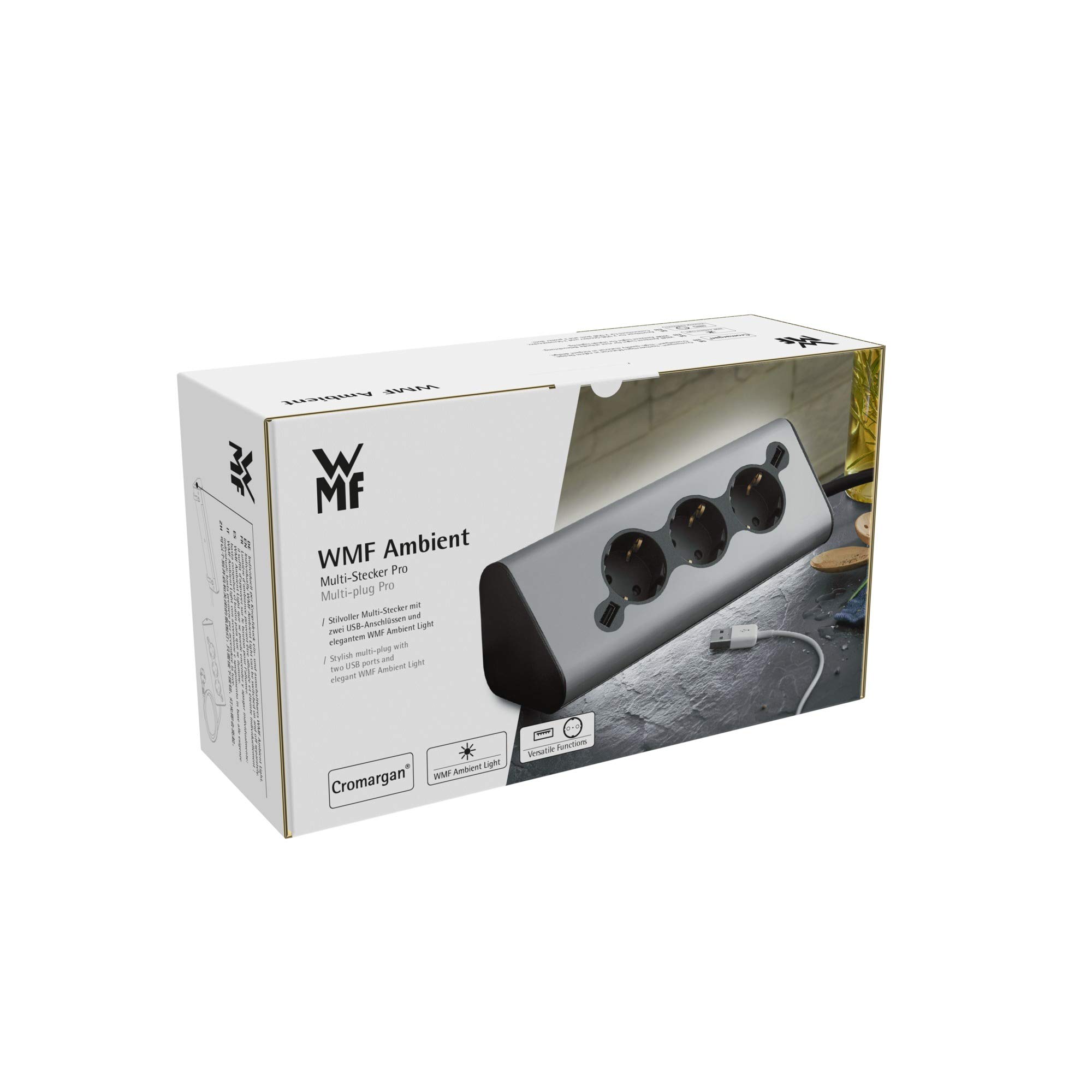 WMF Ambient - Ciabatta elettrica da cucina, multipresa con 2 USB, presa multipla, luce ambientale, per cucina, ufficio, soggiorno, presa angolare a 45°, in acciaio inox opaco