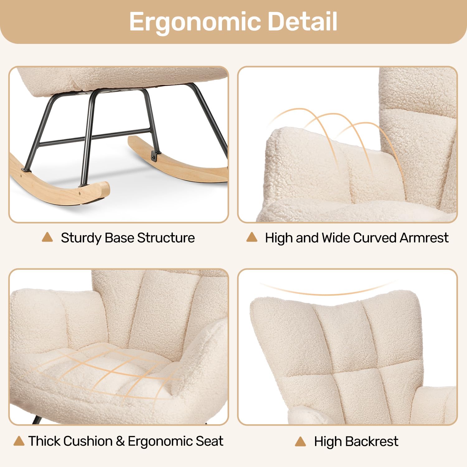 Hawthyhome Velours Fauteuil à Bascule, Rocking Chair, Fauteuil Allaitement, Chaise à Bascule Scandinave en Bois pour Chambre d' Enfant Chambre à Coucher Salon Balcon, Jusqu'à 136 kg - Beige
