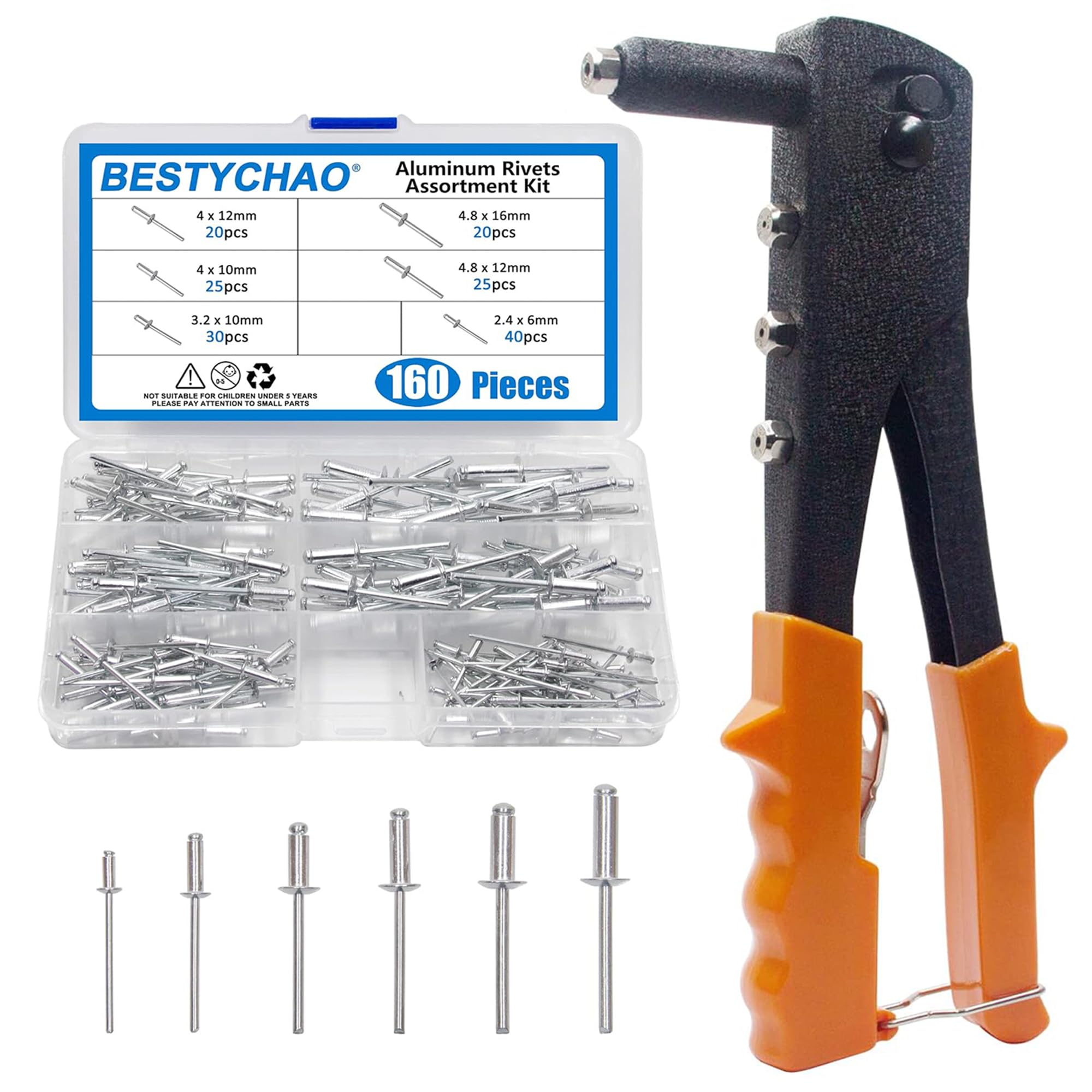 Rivet Gun Kit, Hand Riveter with 160pcs Pop Rivets 2.4mm 3.2mm 4mm 4.8mm, Riveting Tool for Automotive and Medical