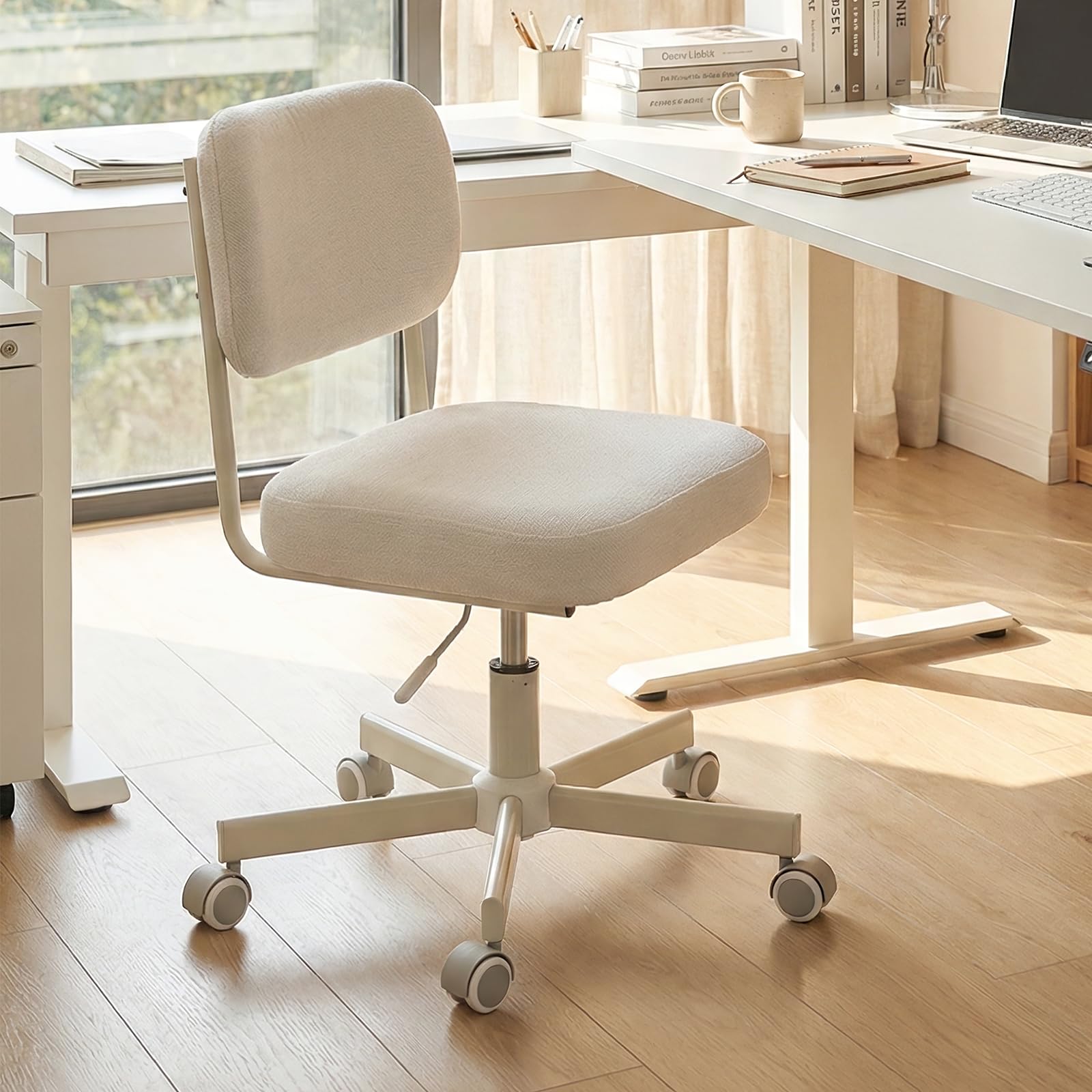 Vanity Chair with Wheels, Cute Armless Desk Chair with Back, Height Adjustable Swivel Small Office Chair, Comfy Fabric Computer Task Chair for Bedroom, Study, Dressing Room White