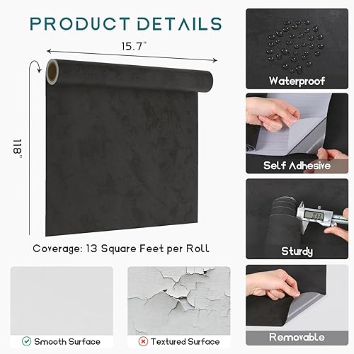 Miniatura 9 de VEELIKE Papel tapiz de hormigón de 15.7 x 354 pulgadas, moderno papel de contacto de hormigón negro carbón para encimeras, impermeable,