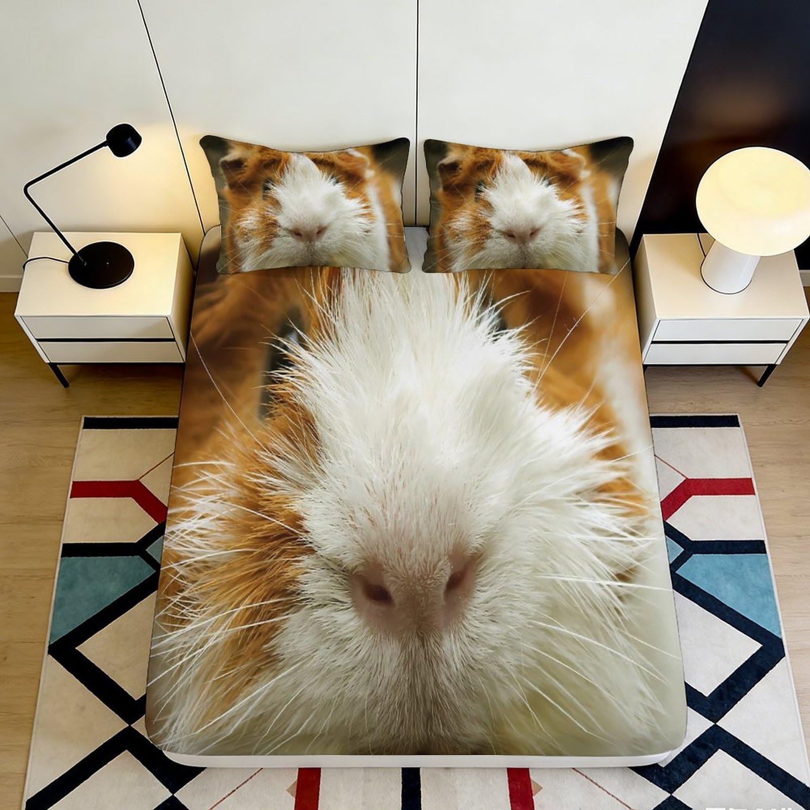 3D Printed guinea pig Fitted Sheet, soft touch Microfiber, wrinkle resistant, apartment bedding, non slip, machine washable, home decor accent, bedroom, brown white animal bed cover, 200x200x25cm