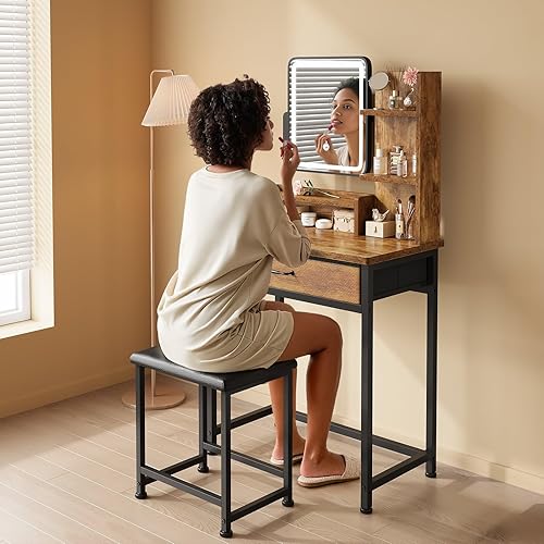 Miniatura 2 de Escritorio de maquillaje con espejo y luces, tocador pequeño con cajón de almacenamiento de tela, silla y estantes, juego de tocador de maquillaje