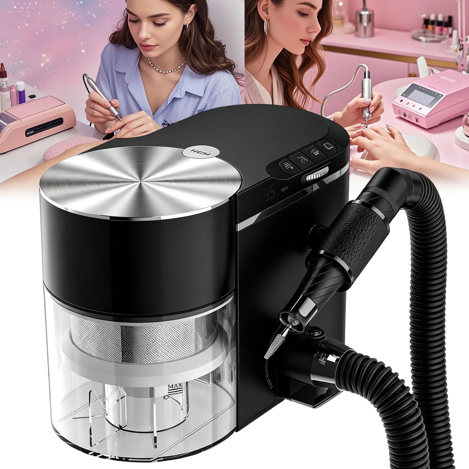Sunseota Electric Nail Drill, 2-in-1 Electric Nail Drill Nail Dust Collector & Nail Drill Machine Kit – 30000rpm with Strong Suction Nail Dust Vacuum Cleaner, Brushless Motor, Easy Clean Black