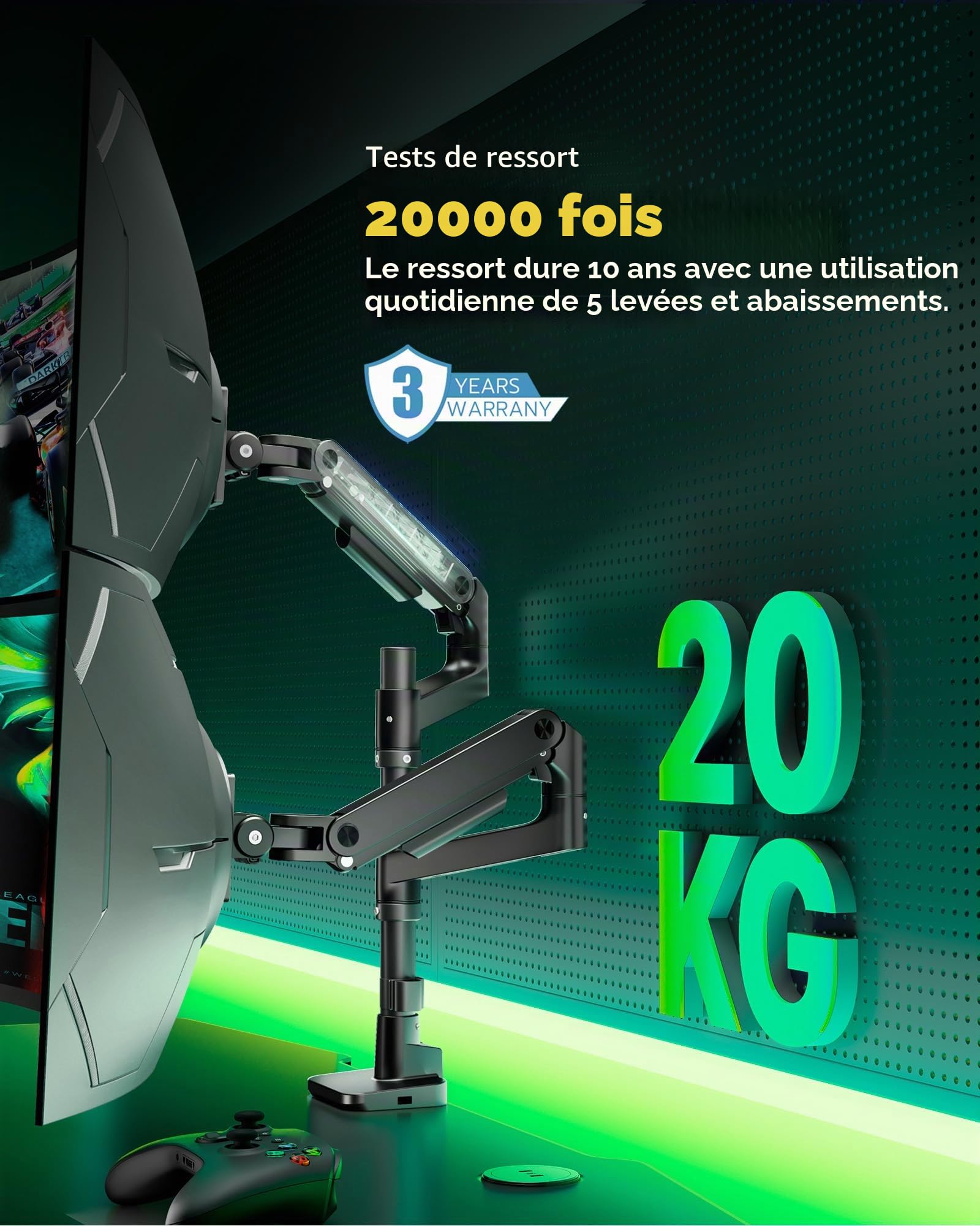ARES WING Support écran pc 2 ecran 17-49 Pouces avec USB Max 20kg/Bras,Noir