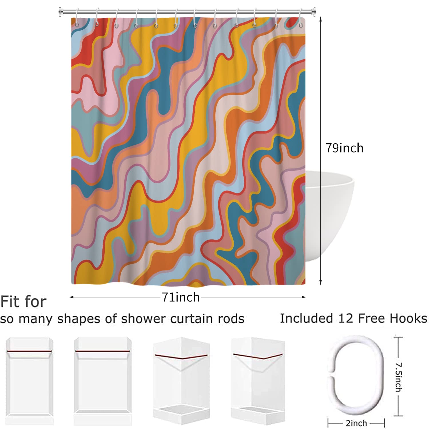 Duschvorhang Vintage Mit Abstraktem Regenbogen-Design – Wasserdicht, 180x200 Cm, Aus Polyester, Inkl. 12 Haken