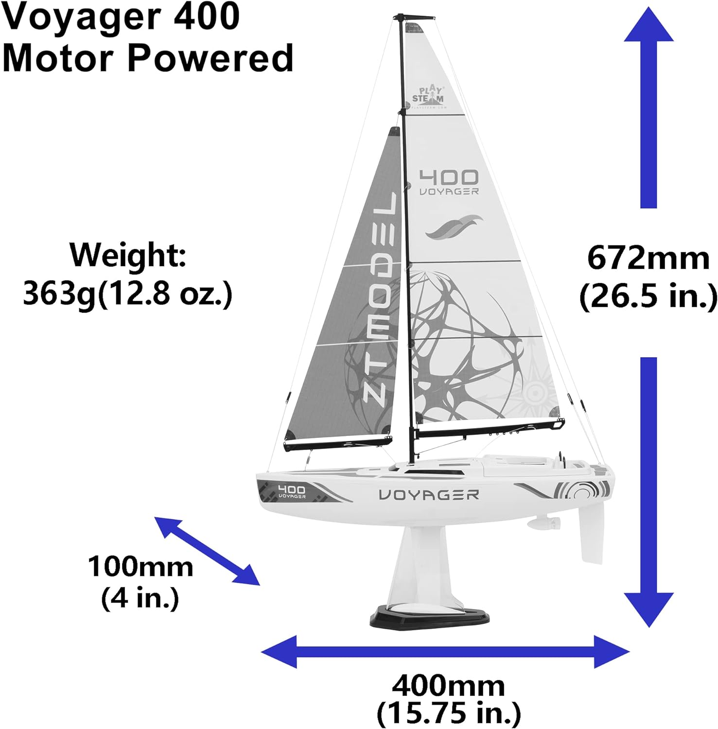 Voyager 400 2.4GHz RC Motor Powered Sailboat in Blue - 26" Tall