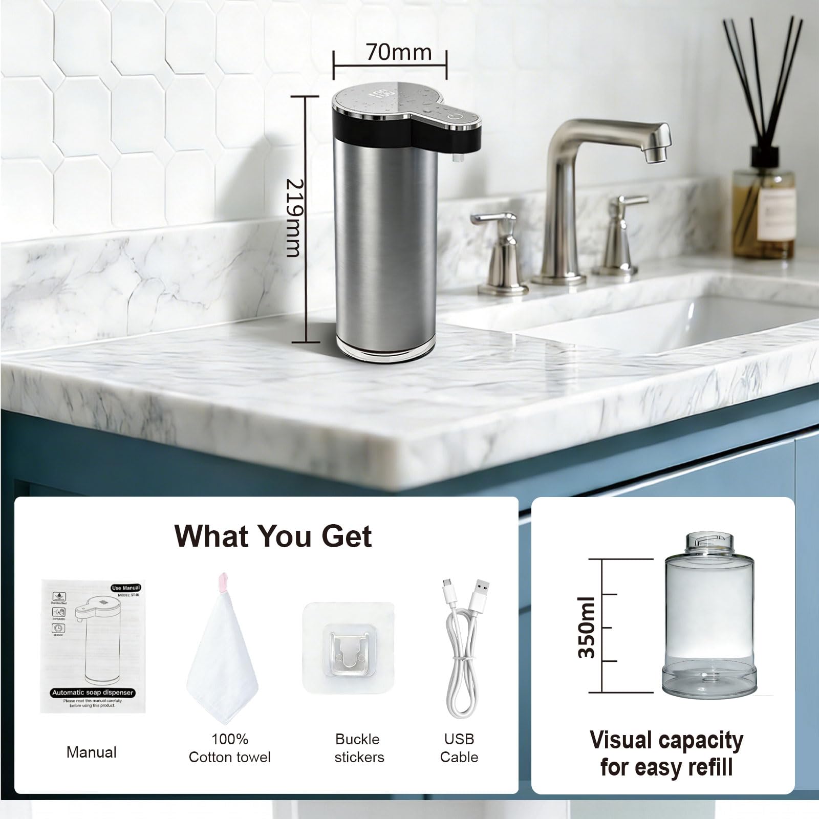Dispenser automatico di sapone liquido, in acciaio inossidabile