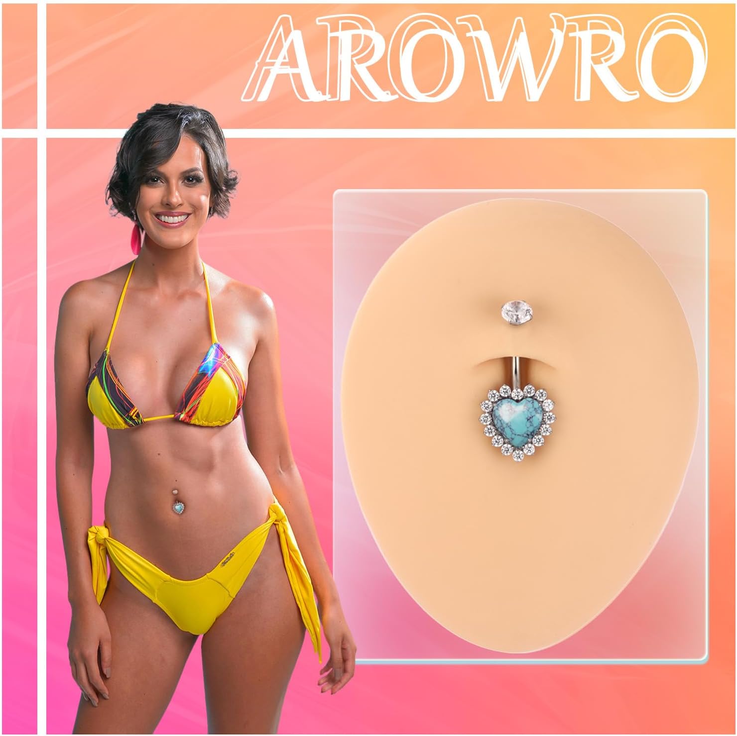 AROWRO Heart Belly Button Ring G23 Titanium Belly Piercing Hypoallergenic Belly Ring 14G Sparkle Long Navel Piercing Jewelry - Image 4