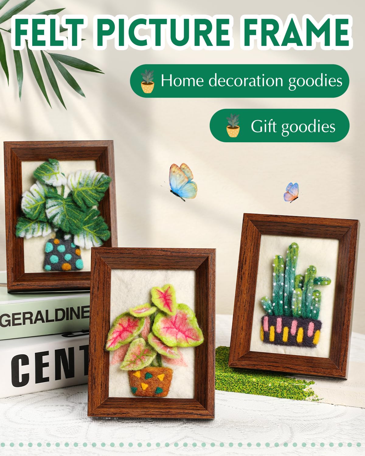 OEHPICC Kit de fieltro de aguja, suministros de arte de fieltro de lana con marco y herramientas (3 plantas en maceta) | Kit de pintura de fieltro de aguja para adultos incluye agujas de fieltro, hoja