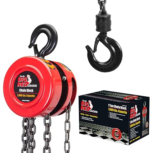 Big RED TR9010-3 Torin Manual Hand Chain Hoist with 2 Heavy Duty Hooks for Warehouse Automotive Machinery, 1 Ton (2,000lb) Capacity, 8ft/2.5m Red