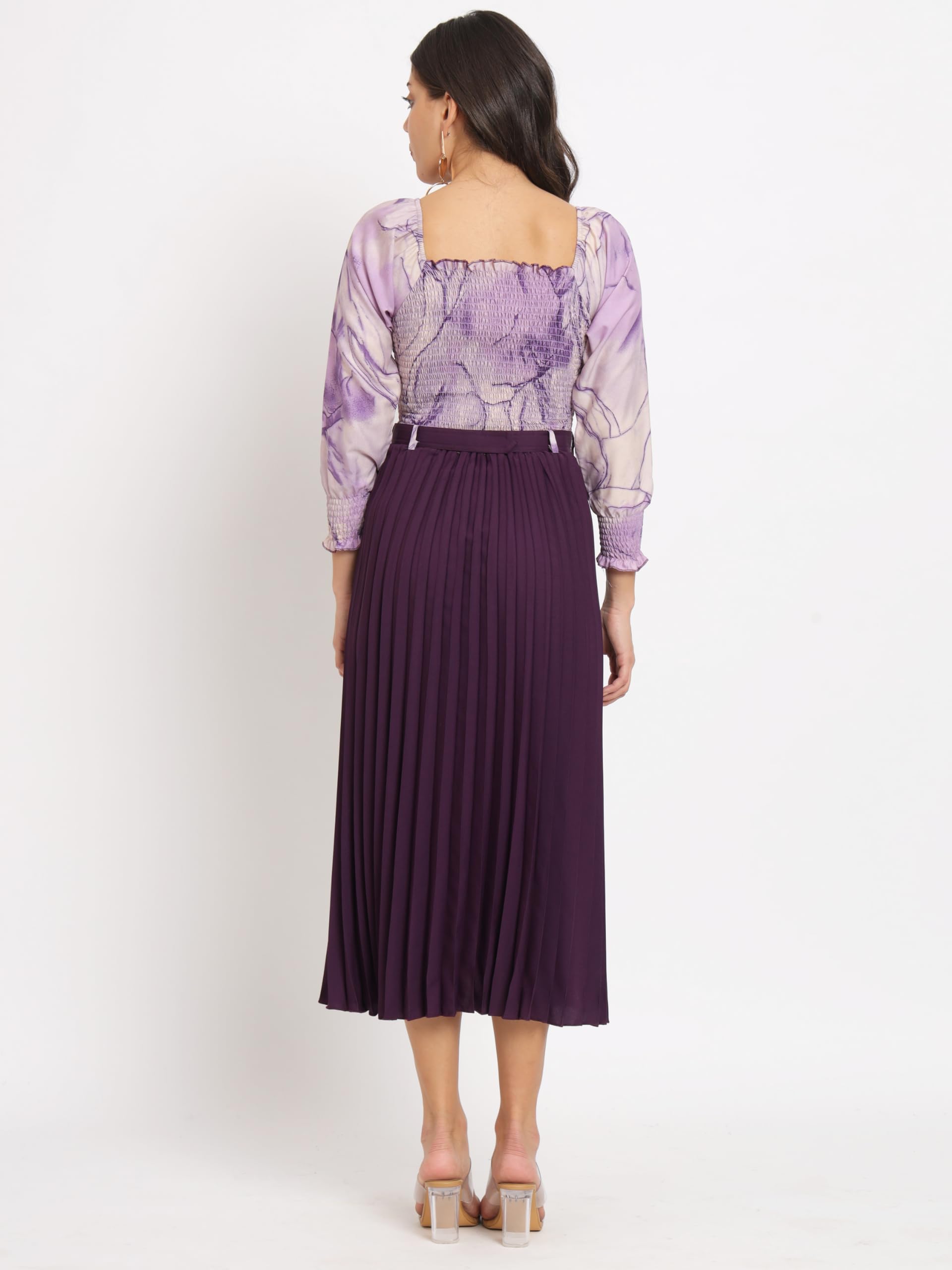 Kzully Women's Knee-Length A-Line Dress With Pleats, Has An Square Neck, Printed Top Comes With A Belt Purple