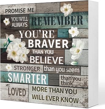 Inspirational Wood Box Sign, Motivational Desk Decor, Always Remember You are Braver Than You Wood Block Plaque Sign Decoration Gifts For Women, Friends, Home Office Shelf, Table Decor Q725