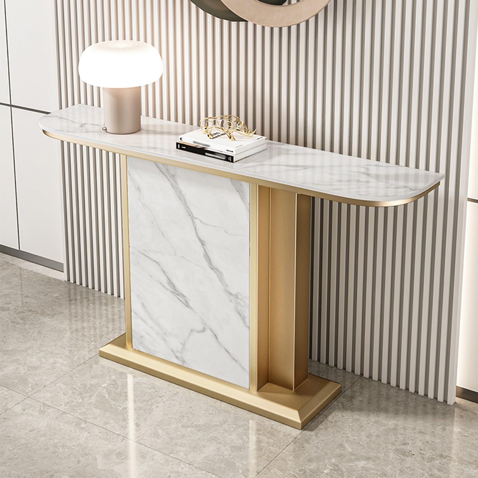 Mesa consola de piedra sinterizada con base de metal para entrada y pasillo