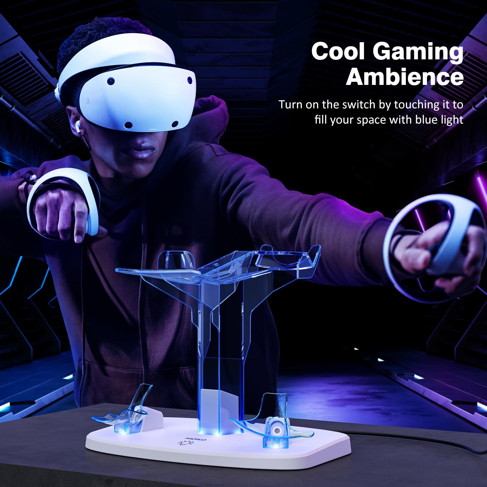 MoKo Stazione di Ricarica Compatibile con PlayStation VR2, con Supporto per Cuffie VR, Caricabatterie di Controller VR2, Protezione da Sovraccarico, Luce LED, Dock di Ricarica per PS VR2