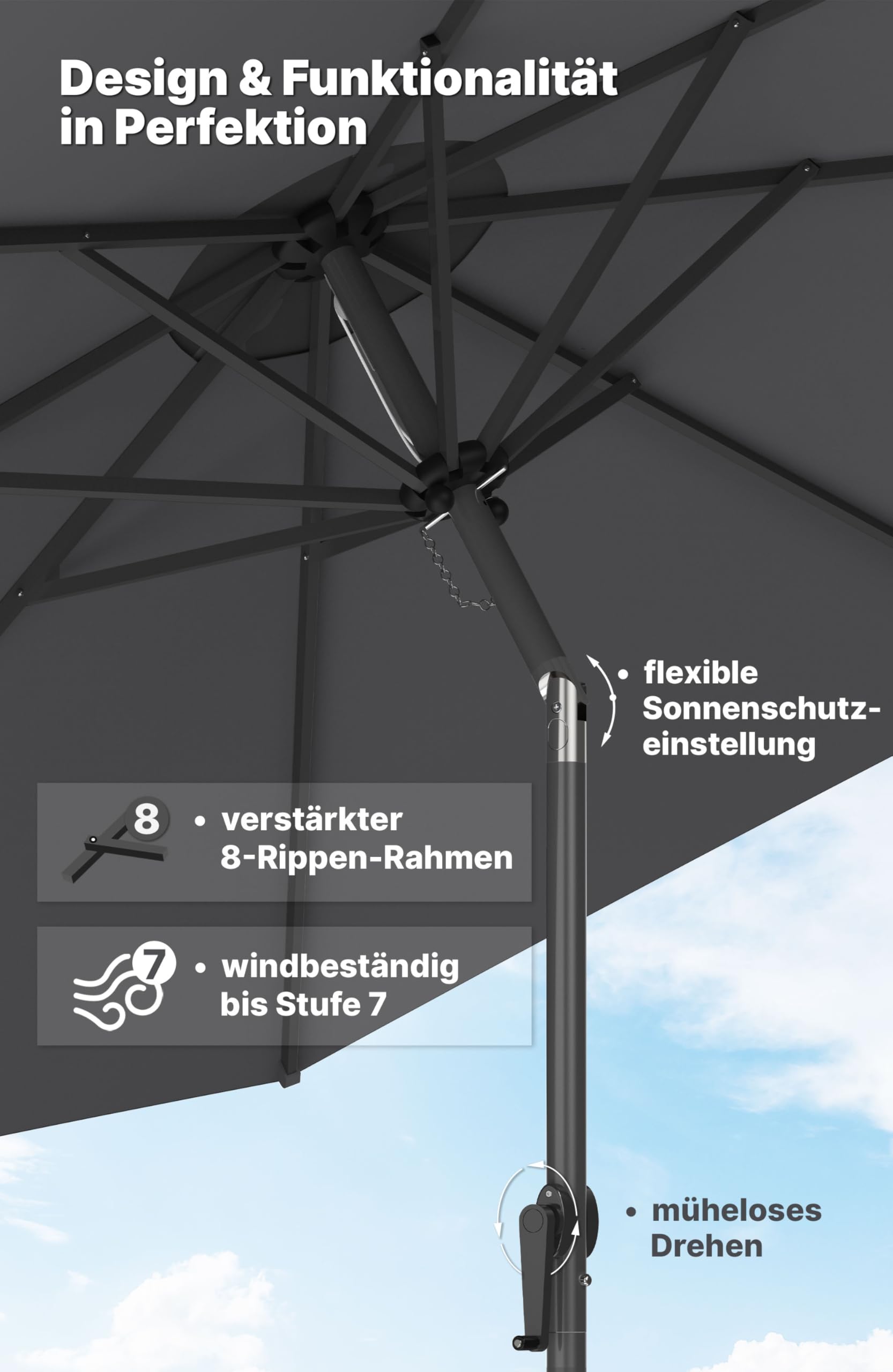 4smile Sonnenschirm 300 cm, mit Kurbel – großer Sonnenschirm Balkon für die Terrasse, mit UV 50+ Schutz, 3 m Durchmesser, kippbar um 45°, flexibel und neigbar für ganztägigen Sonnenschutz, Anthrazit