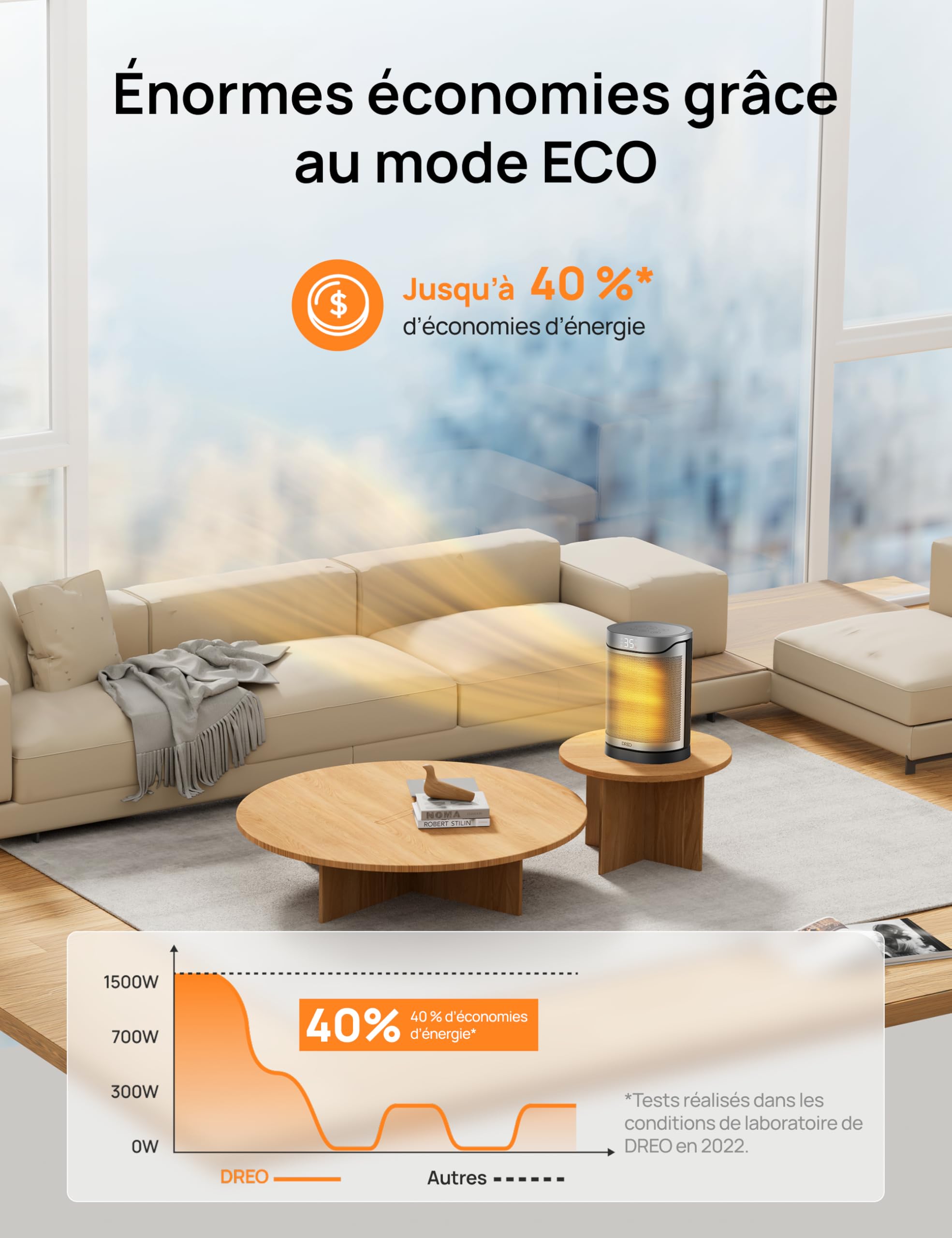 DREO Radiateur céramique 318, 1500 W, chauffage électrique pour chambre, protection contre la surchauffe et le basculement, thermostat réglable, verrouillage enfant, économie d’énergie jusqu’à 40%
