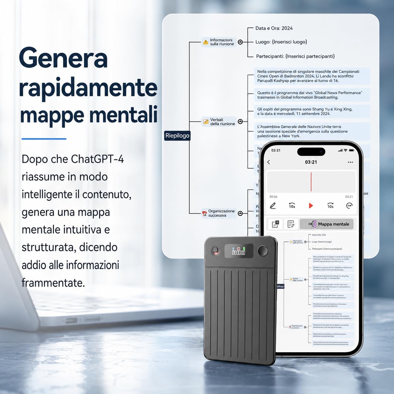 Volovivo Registratore Vocale Smart AI Con Trascrizione Traduzione e Riassunto 64GB Registratore Audio Magnetico Per Riunioni Lezioni e Interviste