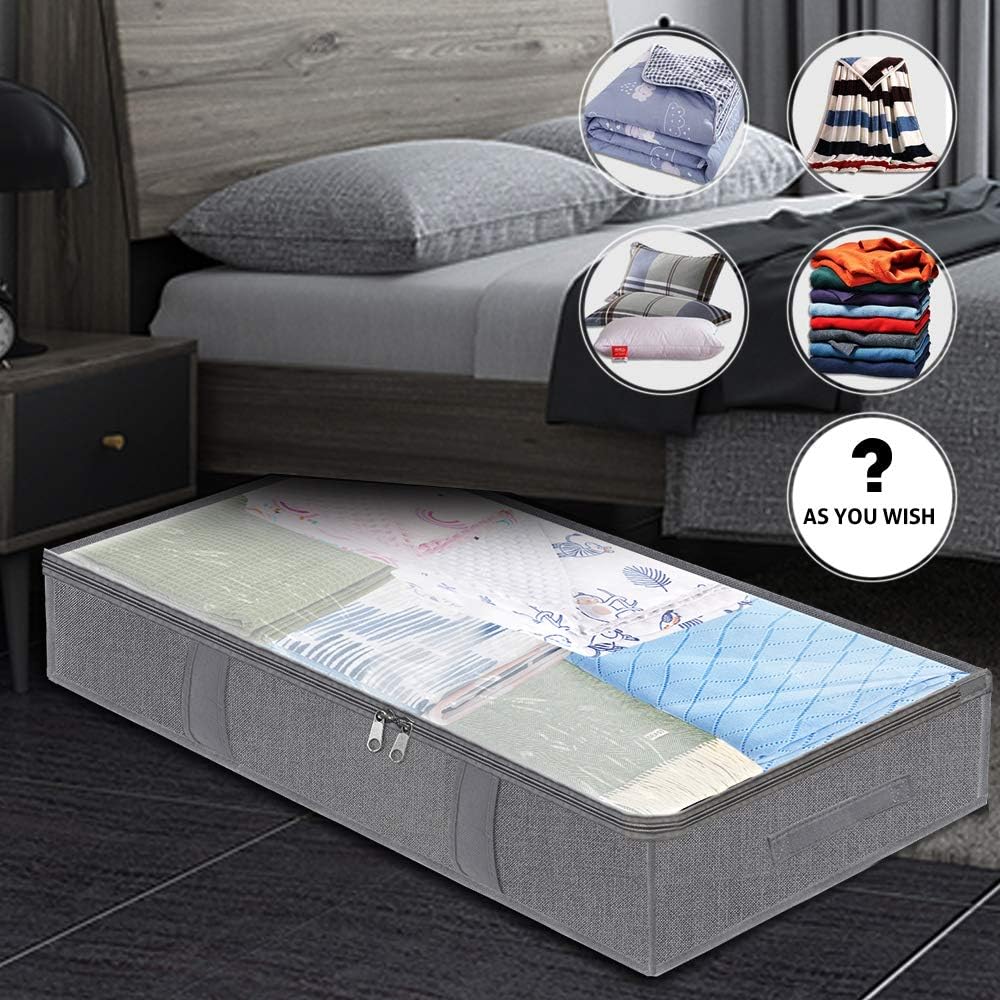 homyfort Underbed Storage Bags Containers 2 Pack - Large Capacity Under Bed Storage Box with 4 Handles and Sturdy Zippers,Clear Window for Blankets,Clothes,Comforters (Grey)
