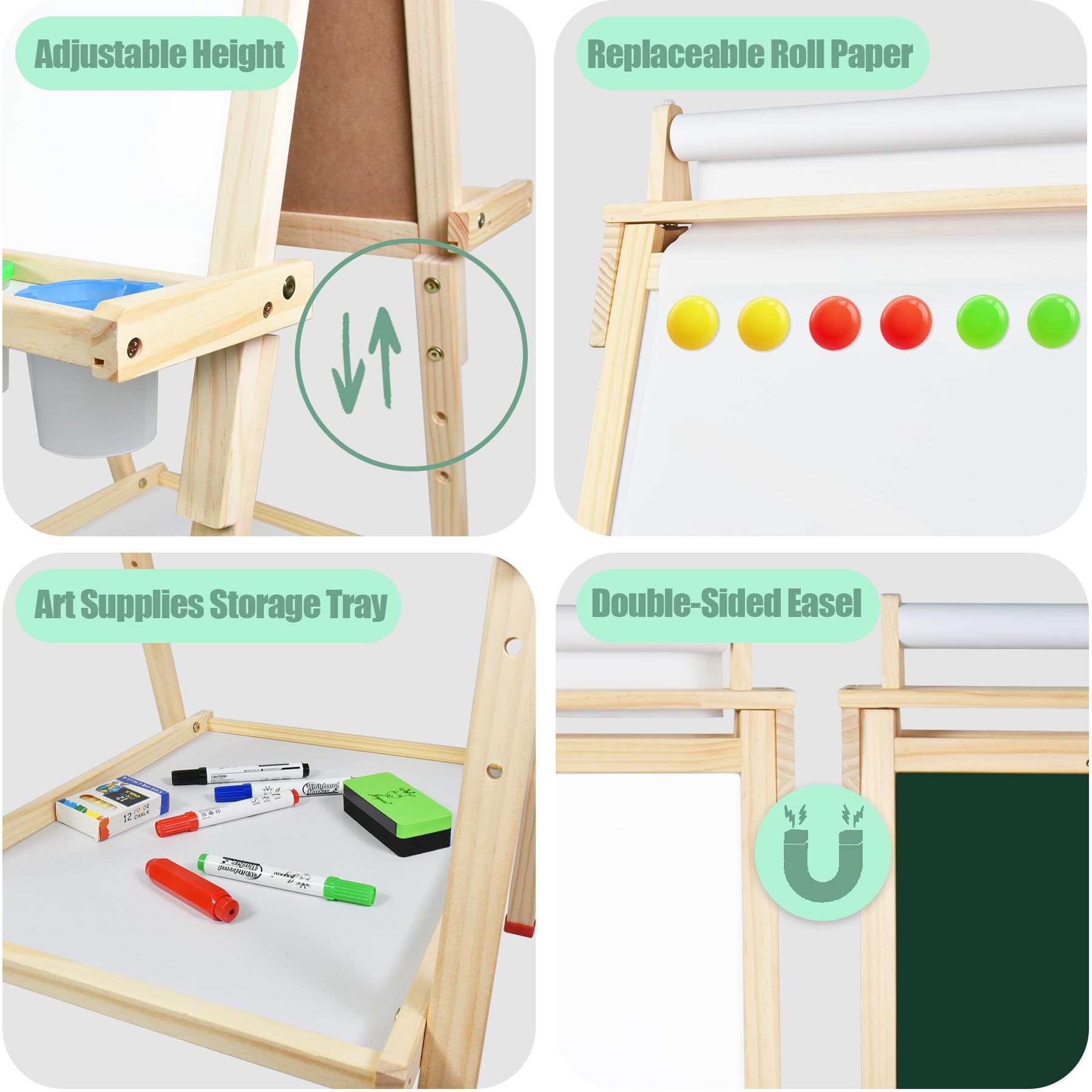 Joyooss Kindertafel Mit Papierrolle, Höhenverstellbare Kreidtafel Doppelseitige und Whiteboard, 3 in 1 Schultafel Mit Malzubehör für Mädchen Jungen (109)