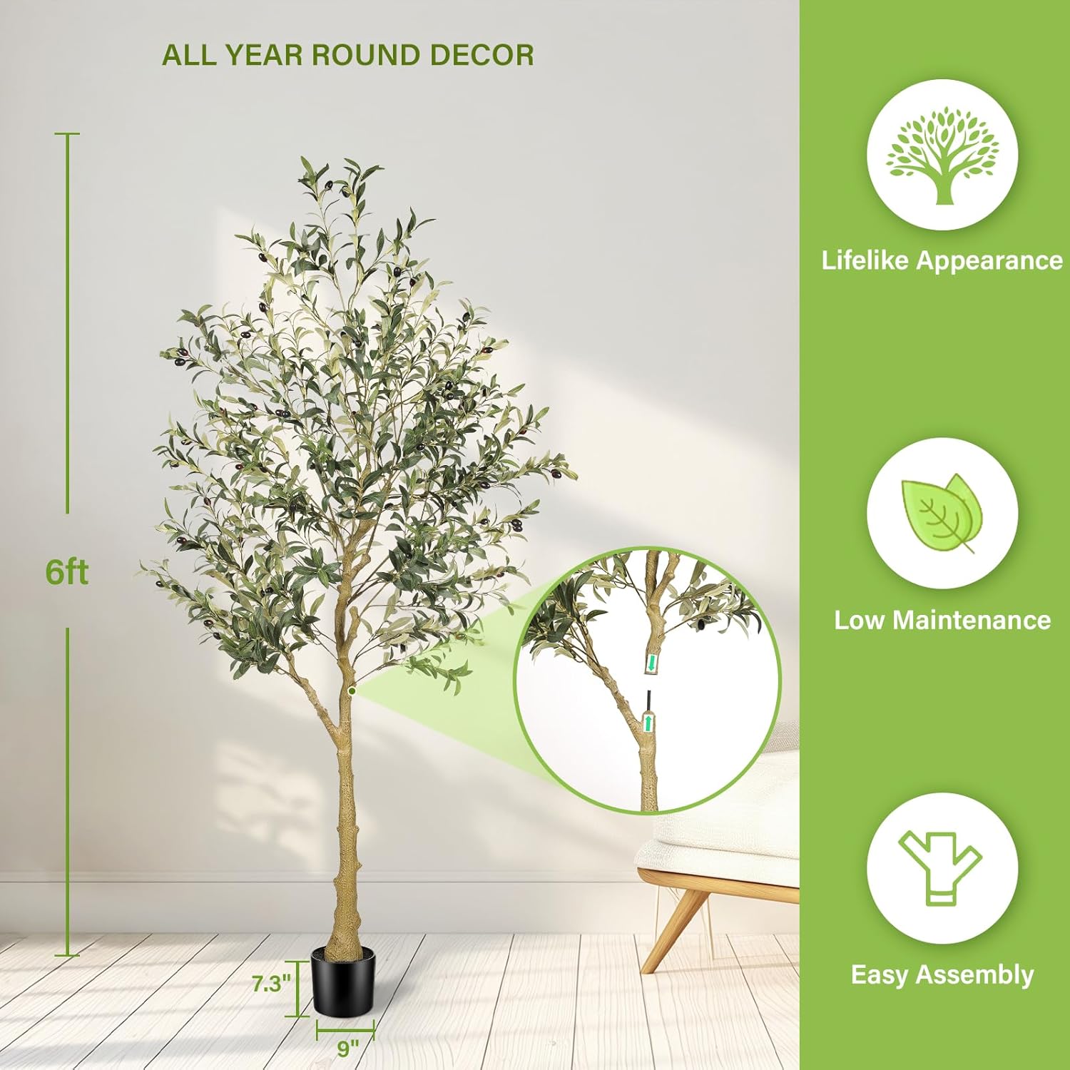 6ft Faux Olive Tree – Tall Artificial Olive Tree with Natural Trunk, Fake Olive Tree Indoor Decor, Olive Plant Artificial Indoor for Home and Office - Image 3
