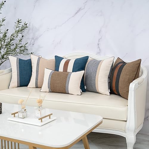 Miniatura 7 de Yangest Funda de almohada lumbar de lino con retazos azules, funda de cojín oblonga de piel sintética para sofá, dormitorio, sala de estar,