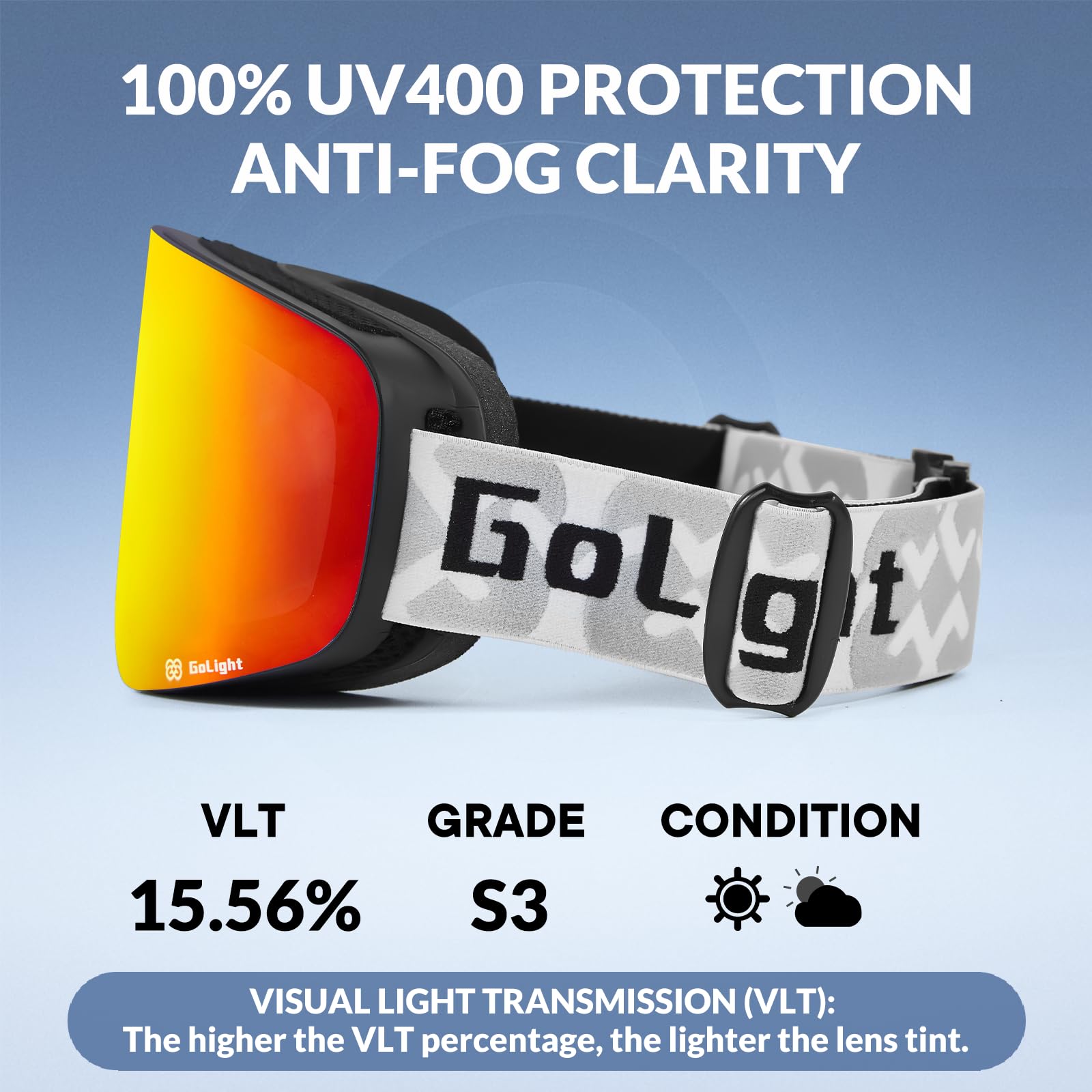 GoLight OTG Gogle narciarskie, okulary narciarskie dla mężczyzn i kobiet, bezramowe, 100% ochrona przed promieniowaniem UV, przeciwmgielne, unisex, śnieg, zima, do snowboardu, skuterów śnieżnych,