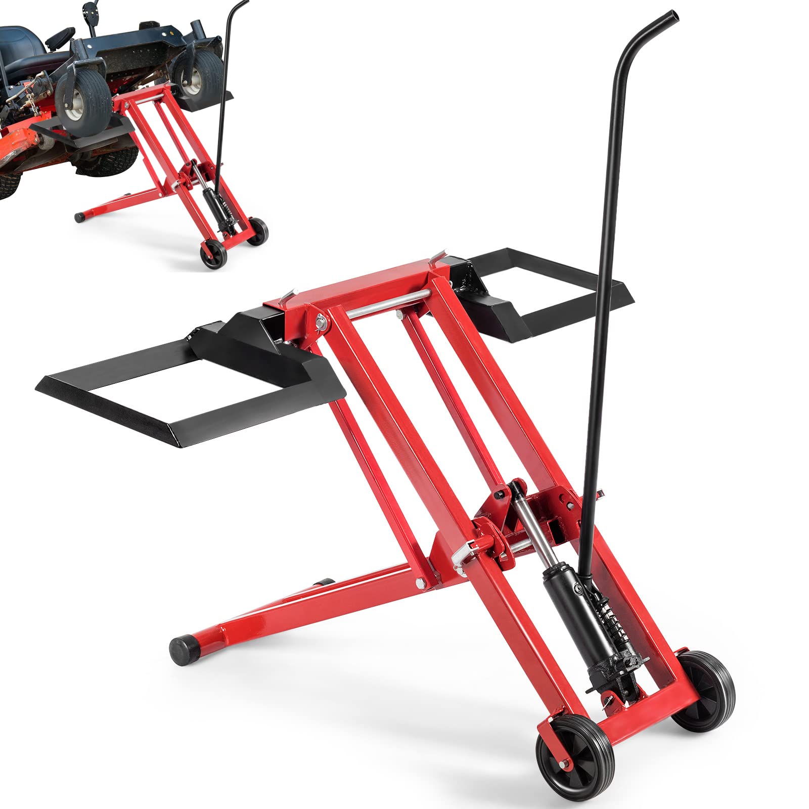 GiantexUK Ride on Mower Jack Lift, Folding Height Adjustable Lifting Device with Wheels, Steel Hydraulic Maintenance Jack Lifter for Lawnmowers Garden Tractors, Red