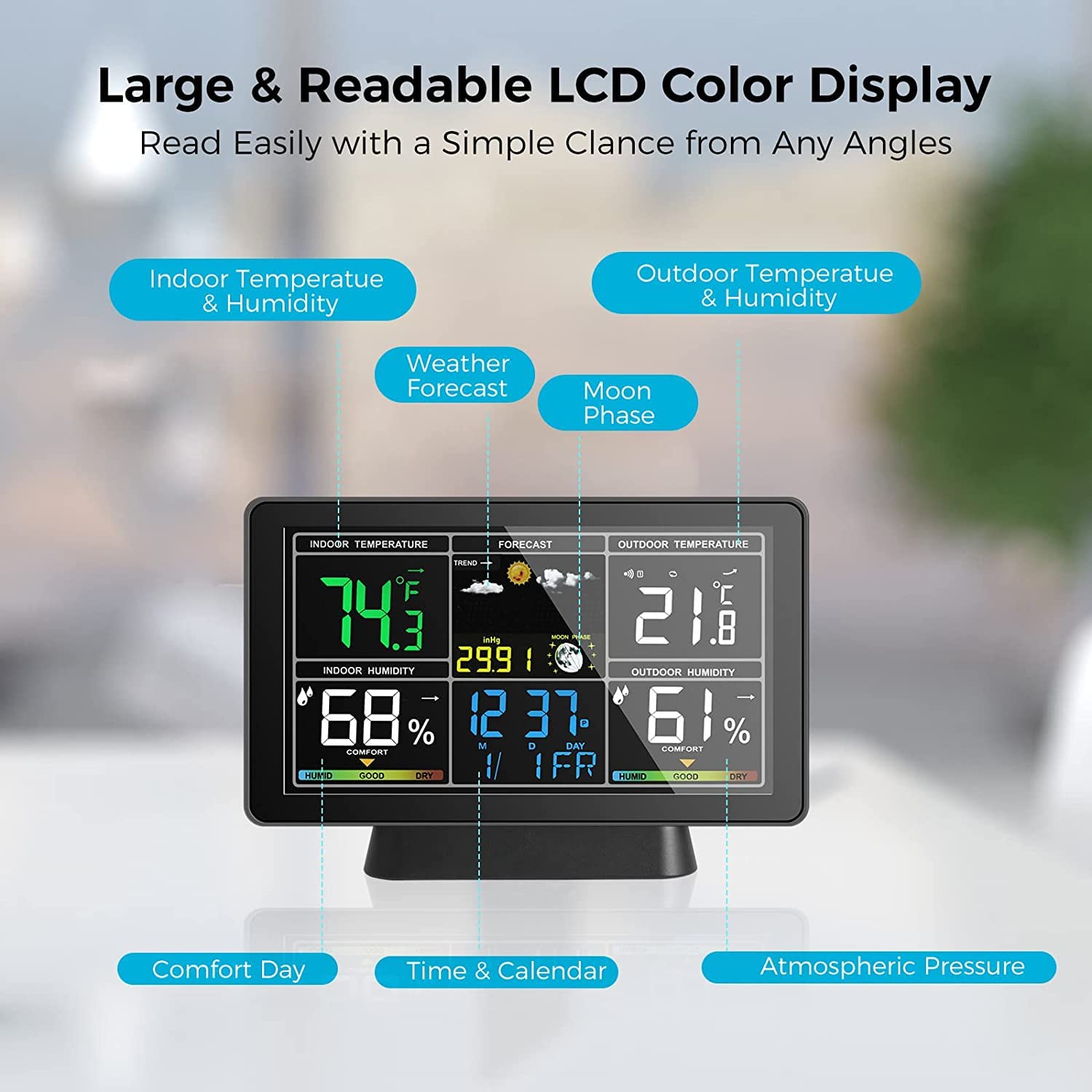Stazione meteorologica con schermo a colori con display LCD da 7,5 pollici, termometro per interni ed esterni e misuratore di umidità con fasi lunari, pressione atmosferica e
