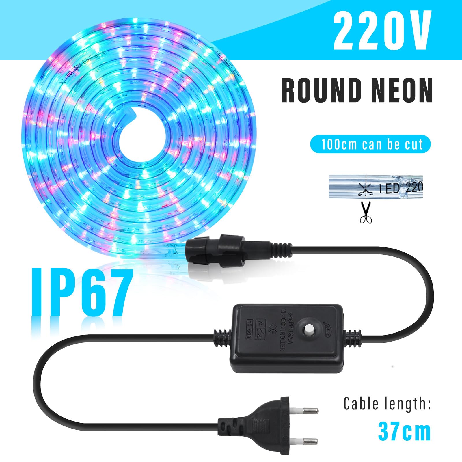 10M LED Tubo de Luz, 8 Modalidades，220V Exterior e Interior Tira de Luz con Manguera, Verde, para Decoración e Iluminación Halloween, Boda, Fiesta, Navidad