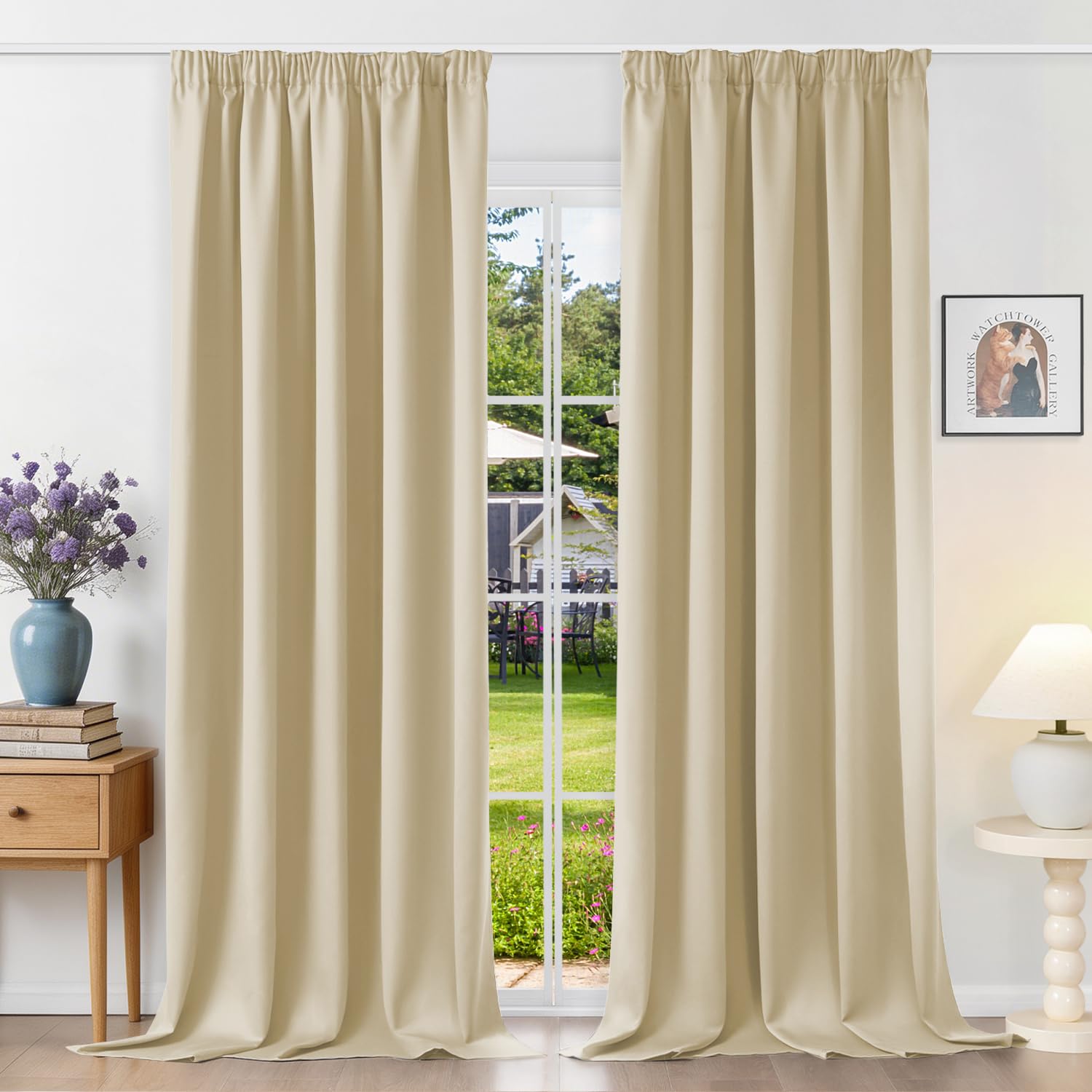 Runyéla Pencil Pleat Blackout Curtains for Bedroom Thermal Curtain 46 x 90 Inch Drop Living Room Kitchen 2 Panels Beige