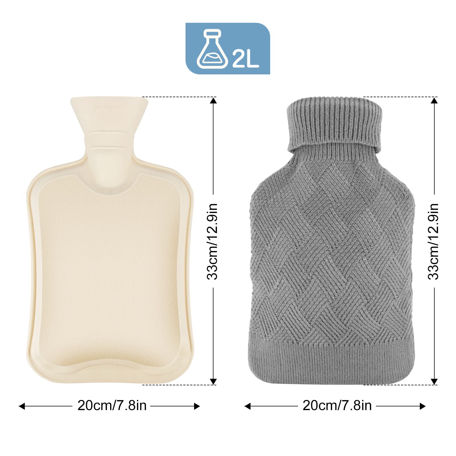 Wärmflasche mit Bezug, 2L wärmeflasche Sicher und auslaufsicher, Premium Naturkautschuk, Wärmflasche Kinder, Bettflasche für Alle, Wärmehaltung zur Behandlung von Schmerzen - Grau