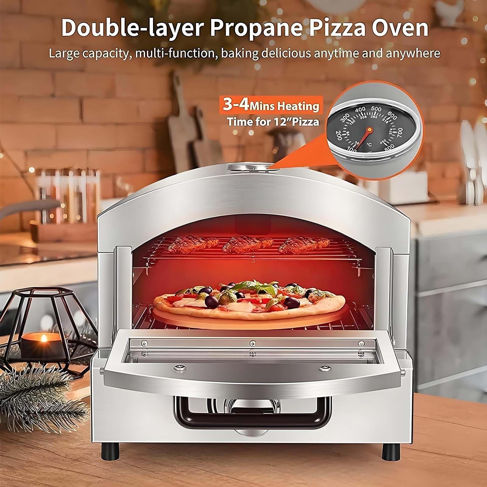 Forno A Gas per Pizza in Acciaio Inox - Termometro Esterno di Precisione Cottura, Design Antivento, Manopole dei Bruciatori Regolabili, Include Vassoio Raccogli-Gocce per Pizza, Valvola di