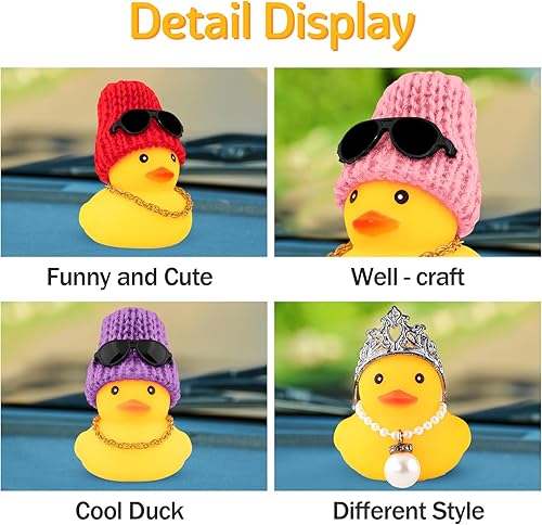 Miniatura 57 de wonuu Pato de goma para automóvil, decoración de pato amarillo con sombrero de sol, collar, gafas de sol para decoración de tablero de automóvil