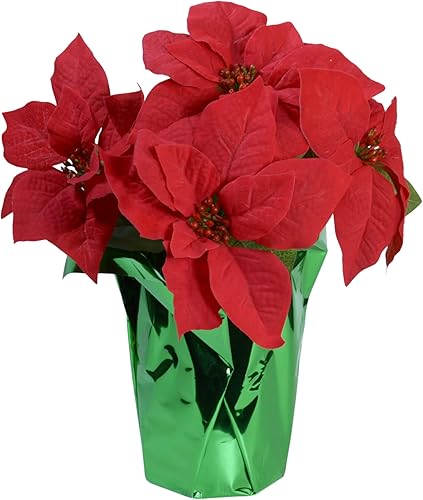 Planta de Pascua roja en maceta de 14 pulgadas con 5 flores, flor de pascua artificial en maceta