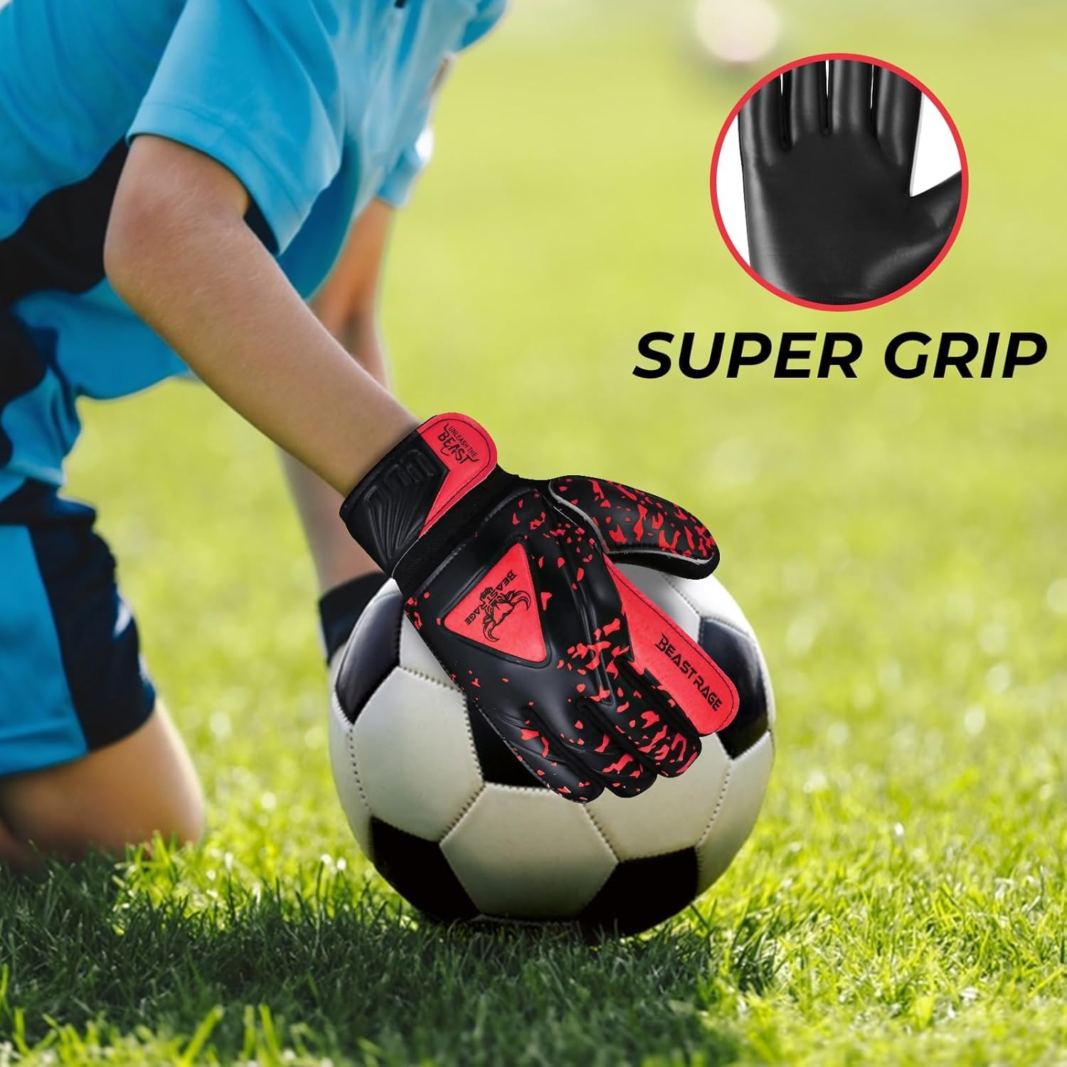 BEAST RAGE Guanti da portiere per bambini,ragazzi giovani,guanti da portiere di calcio per bambinis con doppio supporto