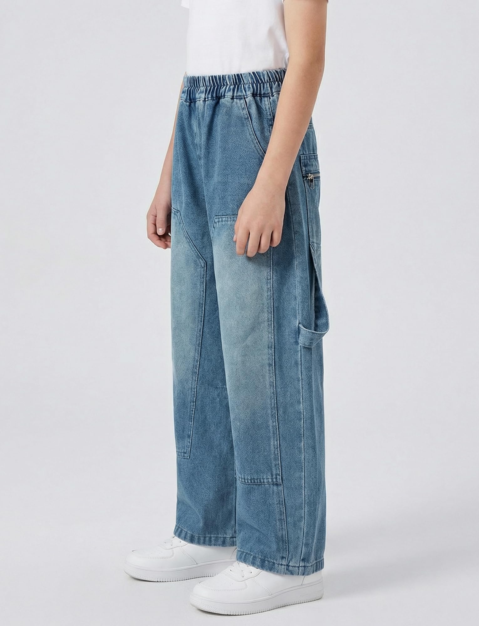 SEAUR Pantalones de mezclilla holgados de pierna ancha para niños, cintura elástica, pantalones de mezclilla para niños, pantalones cargo vintage Y2K, algodón, 6-15 años